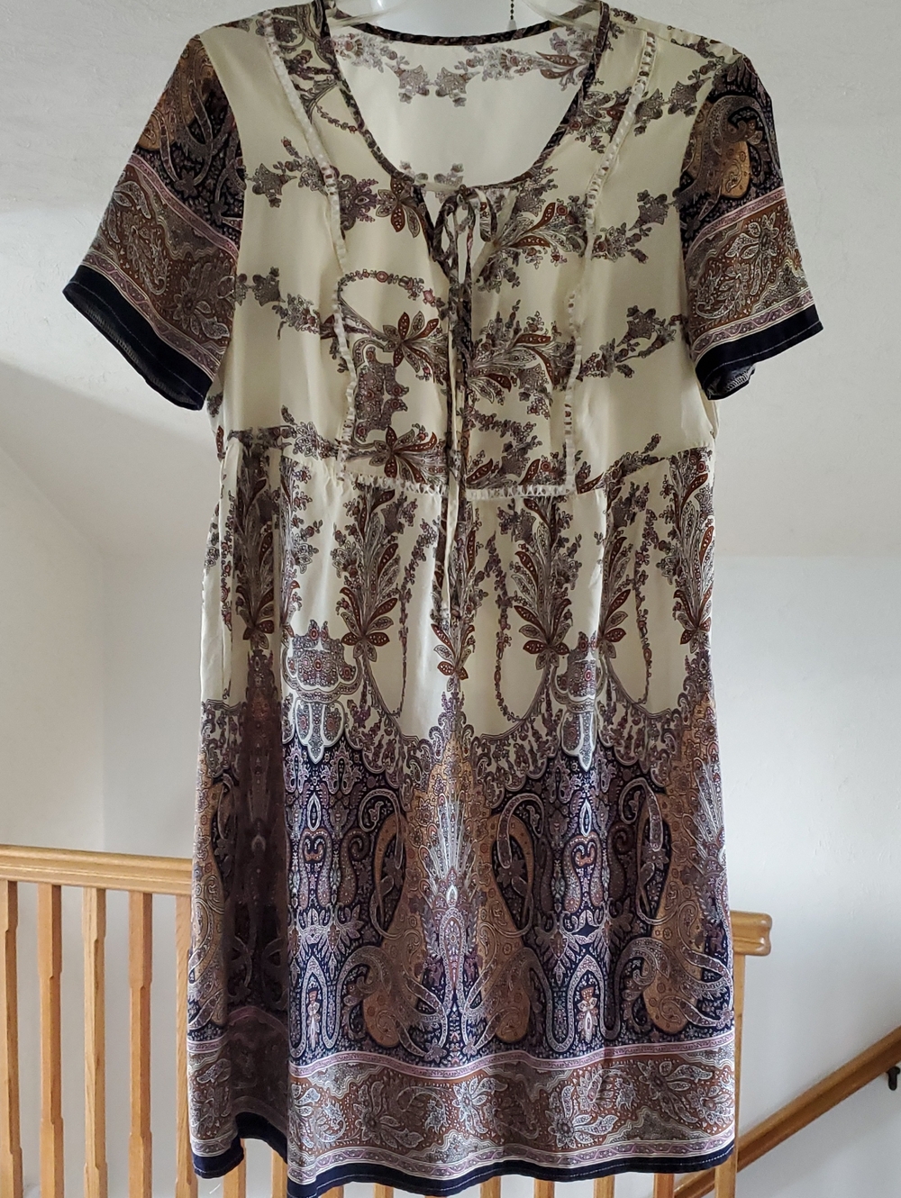 SHEIN Cream and Brown Paisley Tie-Front Midi Dress